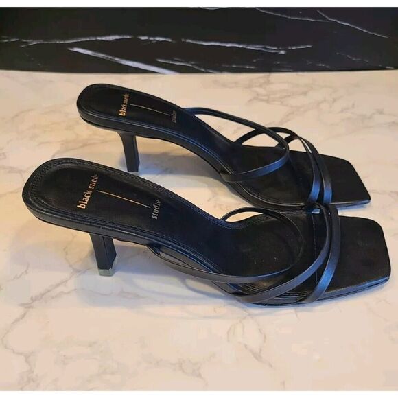 BLACK SUEDE STUDIO Felicity Women's Black Leather Heels, 2½" Y2K Strappy | 8B - Picture 7 of 15